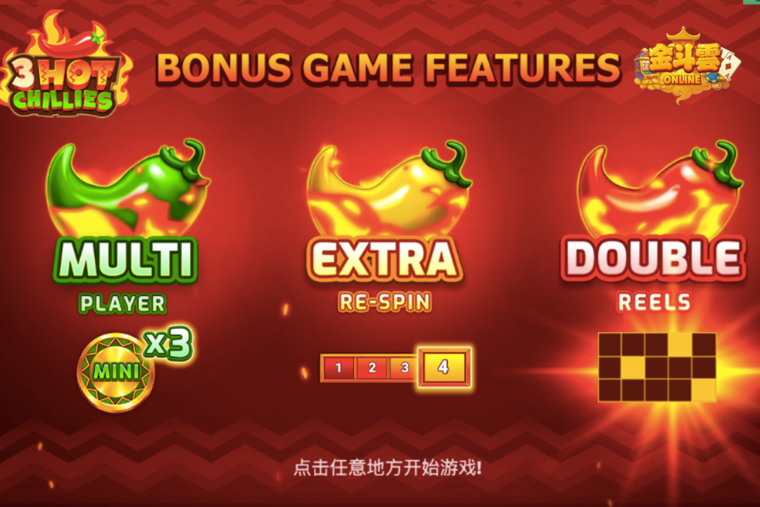 【辣椒三重奏】老虎機遊戲開場畫面，鮮紅的背景有火焰燃燒，從左到右分別是綠色、黃色、紅色的辣椒